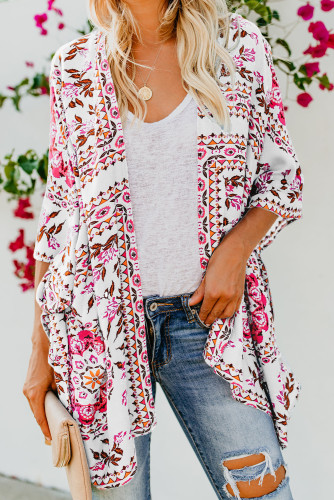 White Floral Kimono Cardigan Open Front Cover Up