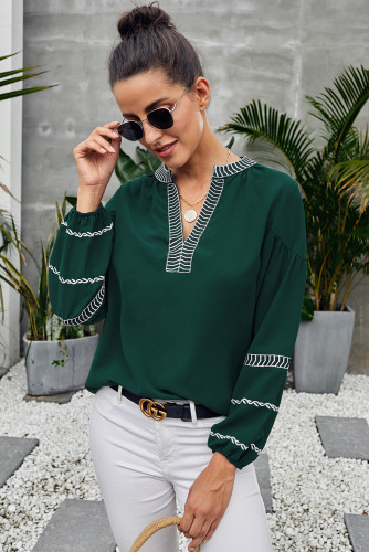 Green V Neck Bohemian Printed Lantern Sleeve Blouse