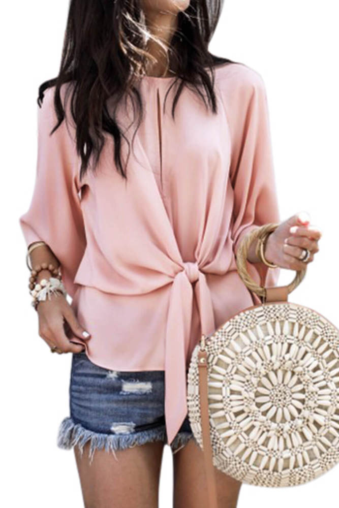 Pink Waist Tie Front Flare Sleeve Blouse