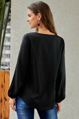 Black Button up Long Sleeves Top with Front Tie