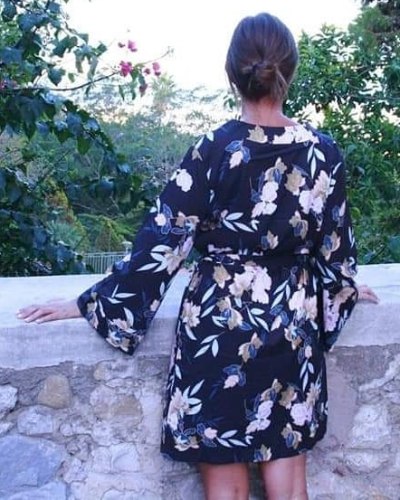 Black Casual V Neck 3/4 Sleeve Floral Dress
