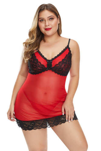 Red Lace Décor Plus Size Chemise Lingerie