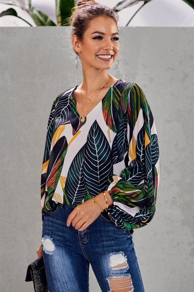 Green Boho Print Balloon Sleeve Blouse