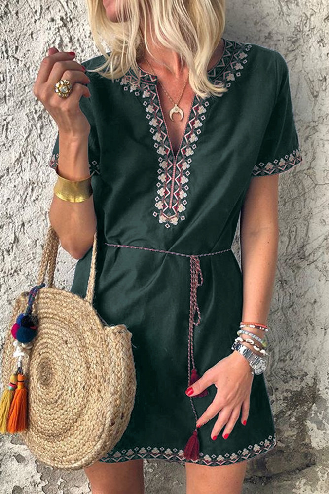 Green Summer Boho Embroidered V Neck Short Sleeve Casual Mini Dress