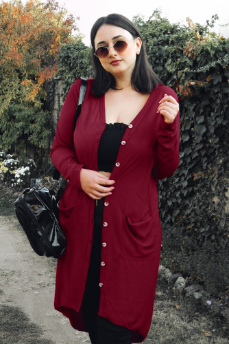 Red Selected Button Down Pocketed High Low Cardigan