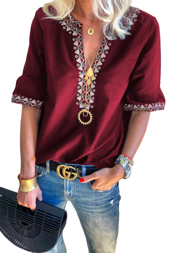 Red Boho Floral V Neck Casual Top