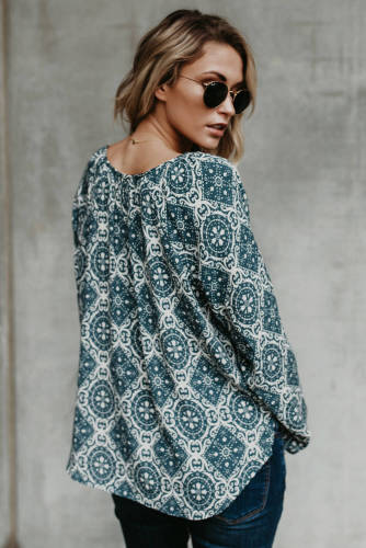 Blue Long Sleeve V Neck Printed Chiffon Blouse