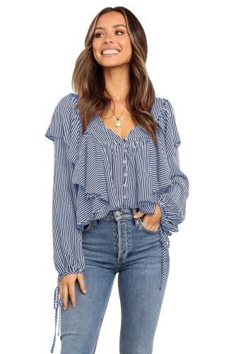 Sky Blue Button Ruffle&Tie Striped Shirt
