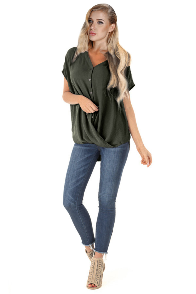 Green Short Sleeve Button up Blouse with Twisted