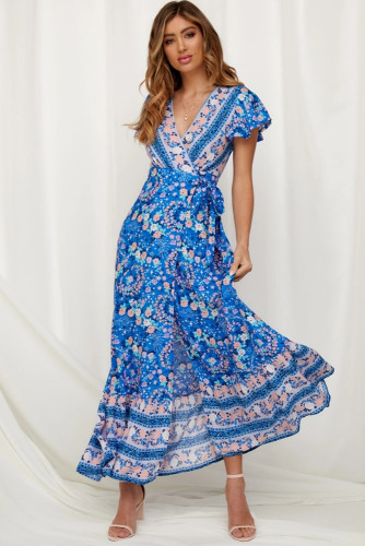 Blue V-Neck Beach Resort Printed Dress