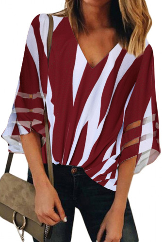 Red 3/4 Bell Sleeve V Neck Lace Patchwork Shirt