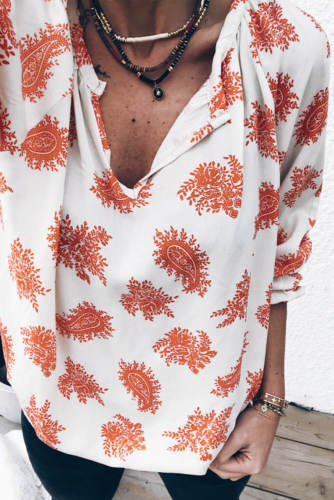 Orange 3/4 Sleeve Print V Neck Loose Casual Blouses Top