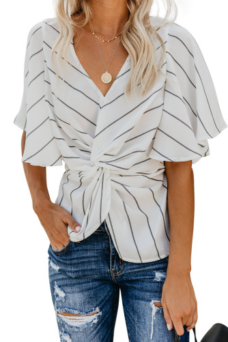 White Twist Front V Neck Blouse