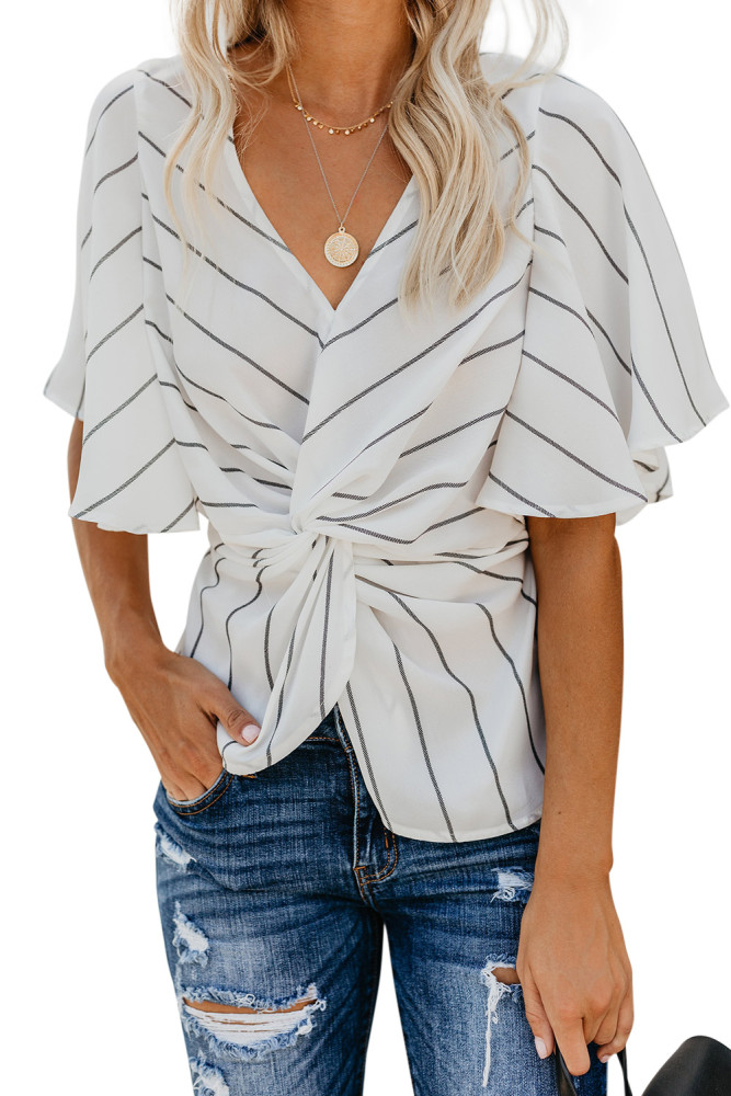 White Twist Front V Neck Blouse