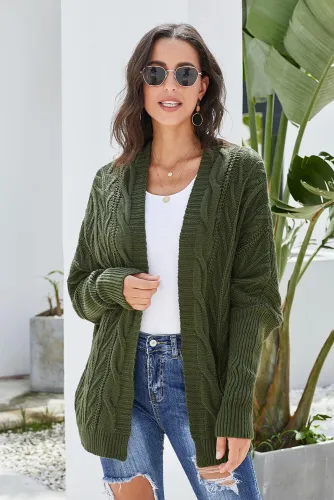 Green Dolman Sleeve Open Front Knit Cardigan