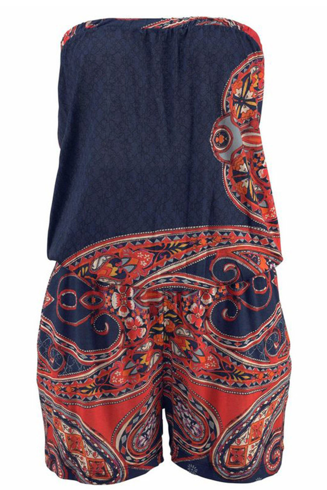 Blue Strapless Floral Print Romper Overall