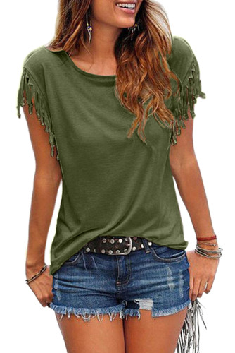 Green Casual Tassels Short Sleeve T Shirt