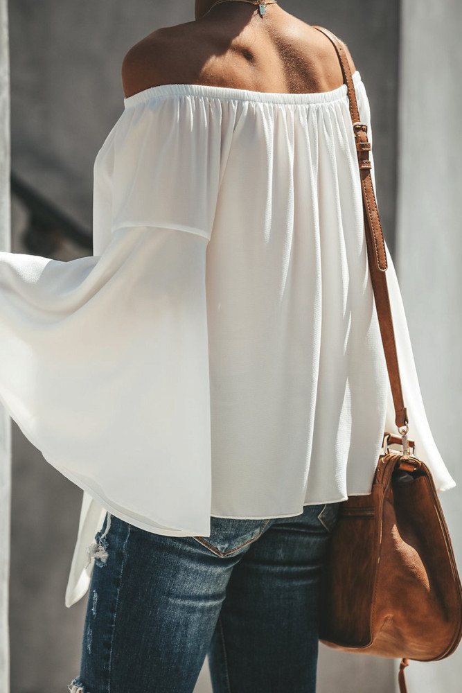 White Off The Shoulder Bell Sleeve Tie Blouse