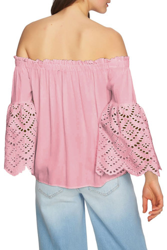 Pink Off The Shoulder Eyelet Sleeves Blouse
