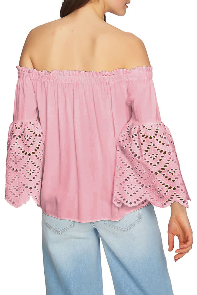 Pink Off The Shoulder Eyelet Sleeves Blouse