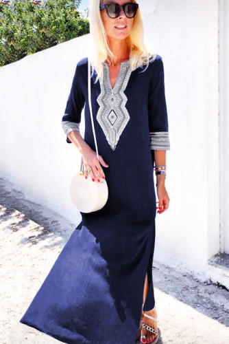 Blue Casual Crochet Embroidered Slit Summer Dress