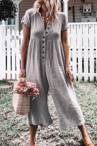 Gray Solid Short Sleeve Casual Jumpsuit