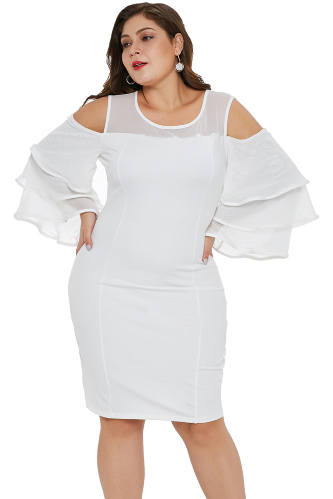 White Cold Shoulder Cascading Sleeve Plus Size Dress