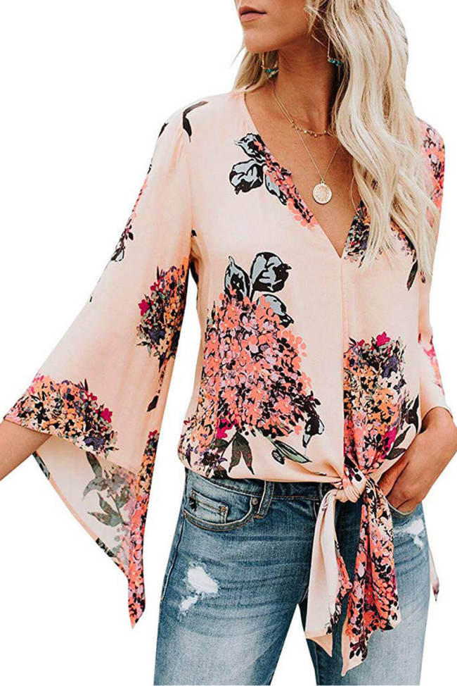 Pink V Neck Flared Sleeve Floral Blouse