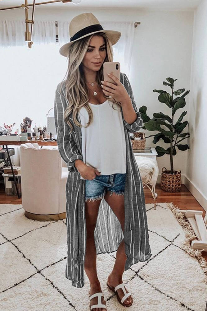 Gray Layover Button Down Shirt Dress Beachwear
