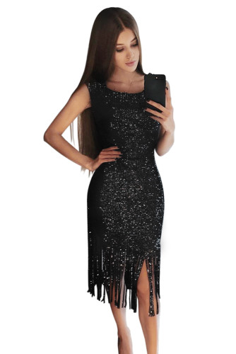 Black Fringe Hemline Convertible Style Sequin Dress