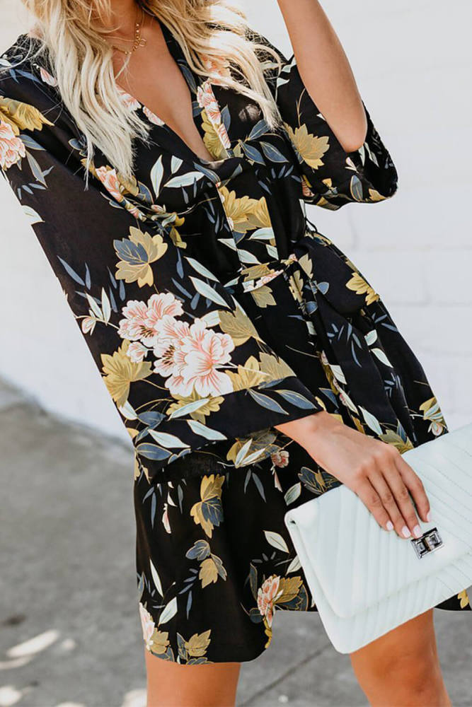 Black Casual V Neck 3/4 Sleeve Floral Dress