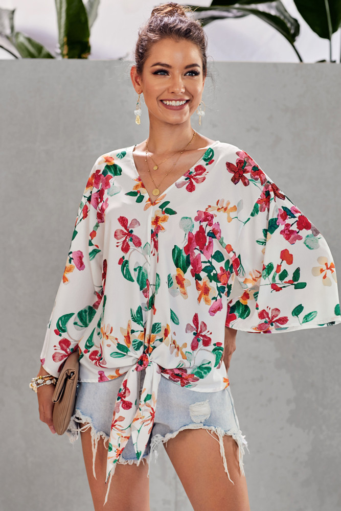 Multicolor Floral Printed Deep V Neck Tie Front Blouse