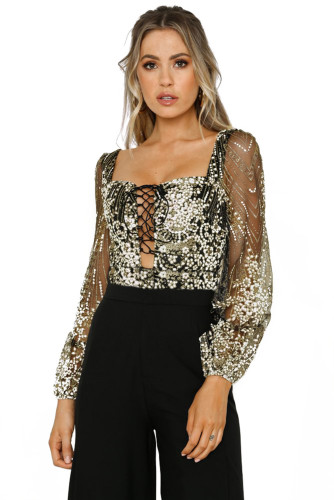 Black Sheer Long Sleeve Princess Rhinestone Bodysuit