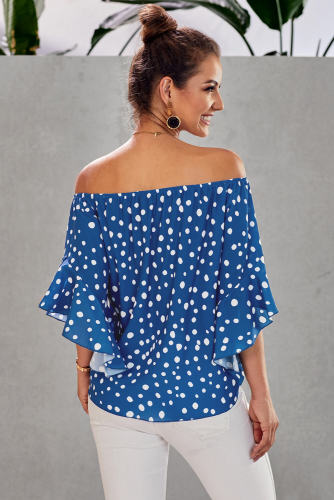 Sky Blue Polka Dot 3/4 Bell Sleeve Off Shoulder Front Tie Knot Top