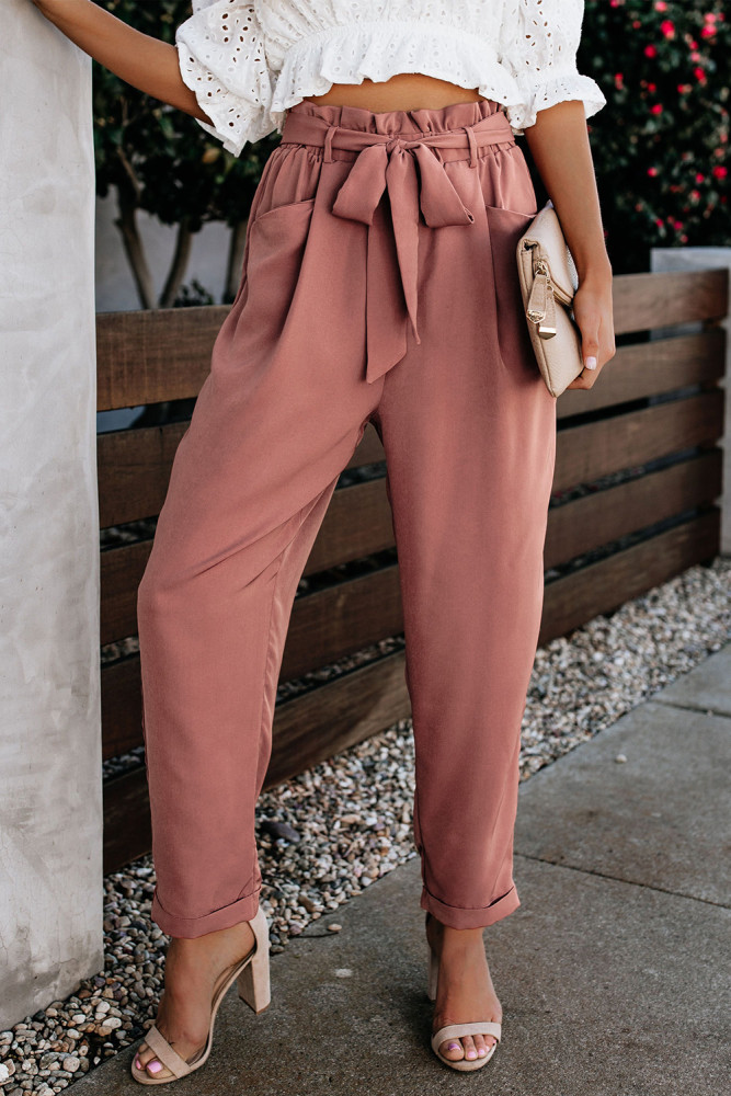 Orange Pocketed Paper Bag Waist Pants