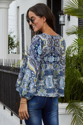 Blue Floral Vintage V Neck Blouse