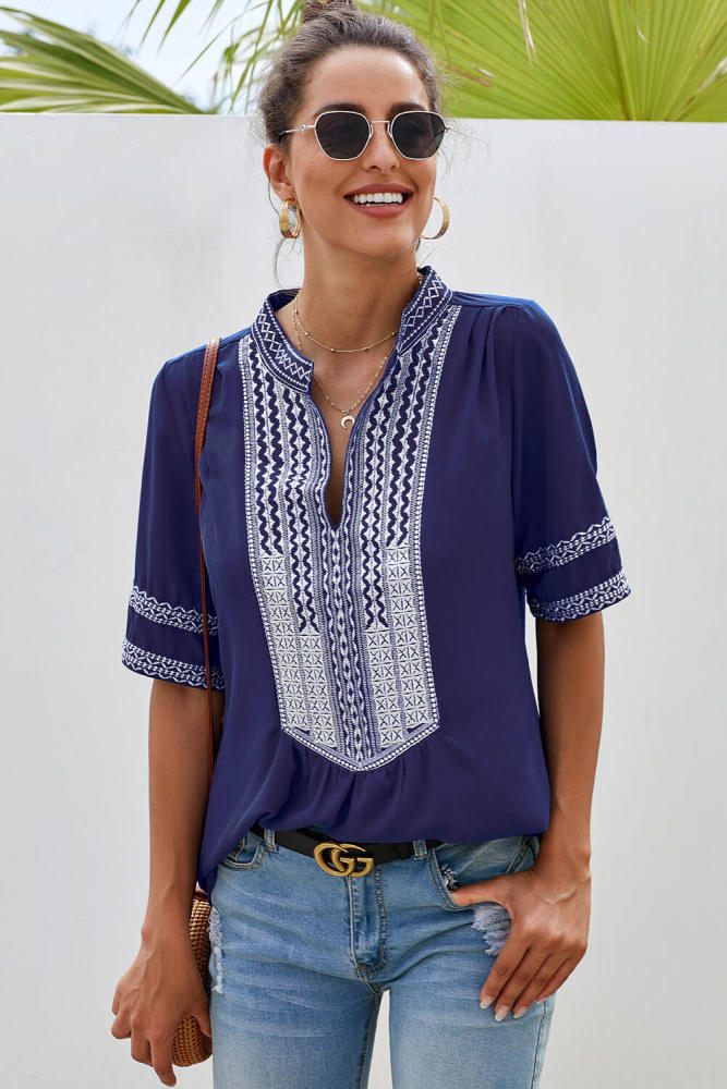 Blue Elbow Length Sleeves Front Embroidery Blouse
