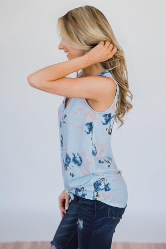 Sky Blue Touch The Sky Open Front Floral Tank Top