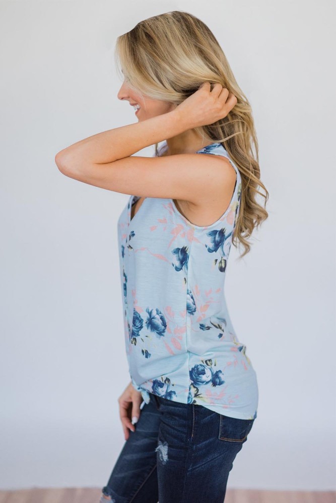 Sky Blue Touch The Sky Open Front Floral Tank Top