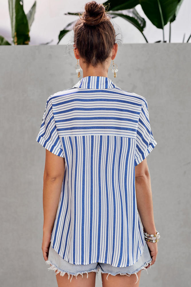 Blue Stripe Casual Collar Short Sleeve Shirt
