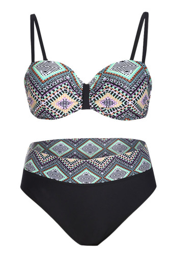 Black Retro Print Plus Size Bikini Swimsuit