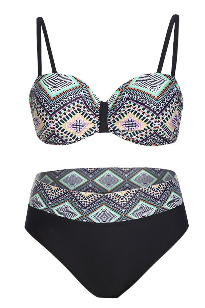Black Retro Print Plus Size Bikini Swimsuit
