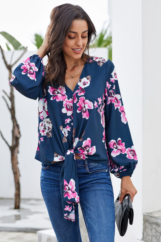 Rose V Neck Long Sleeve Tie Front Blouse