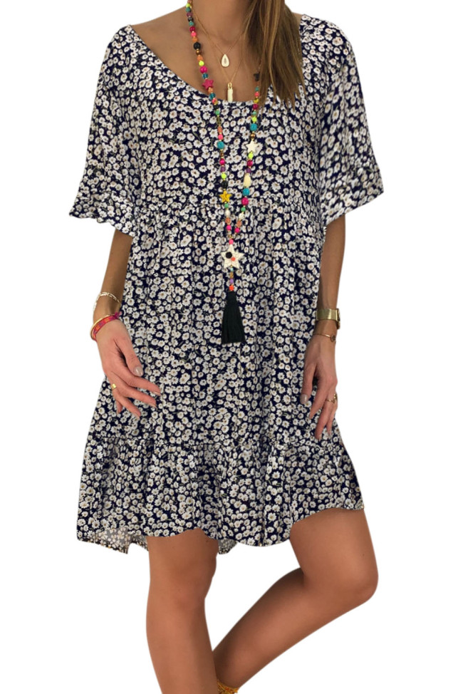 Black Loose Scoop Neck Floral Dress