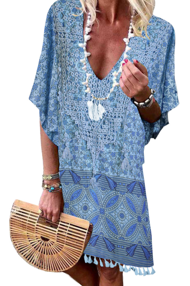 Sky Blue Floral Tassel Printed Casual Summer Dress