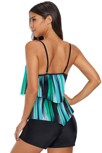Green Printed Spaghetti Strap Layered Tankini Top