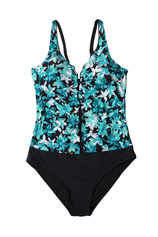 Sky Blue Floral Bustier Solid Panty Maillot