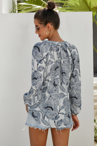 White Floral Print Peasant Blouse