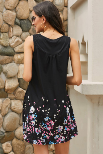 Black Crew Neck A-Line Daily Beach Floral Dress