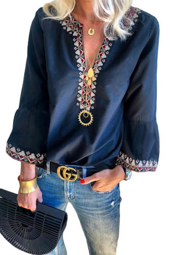Blue Boho Floral V Neck Long Sleeve Casual Top